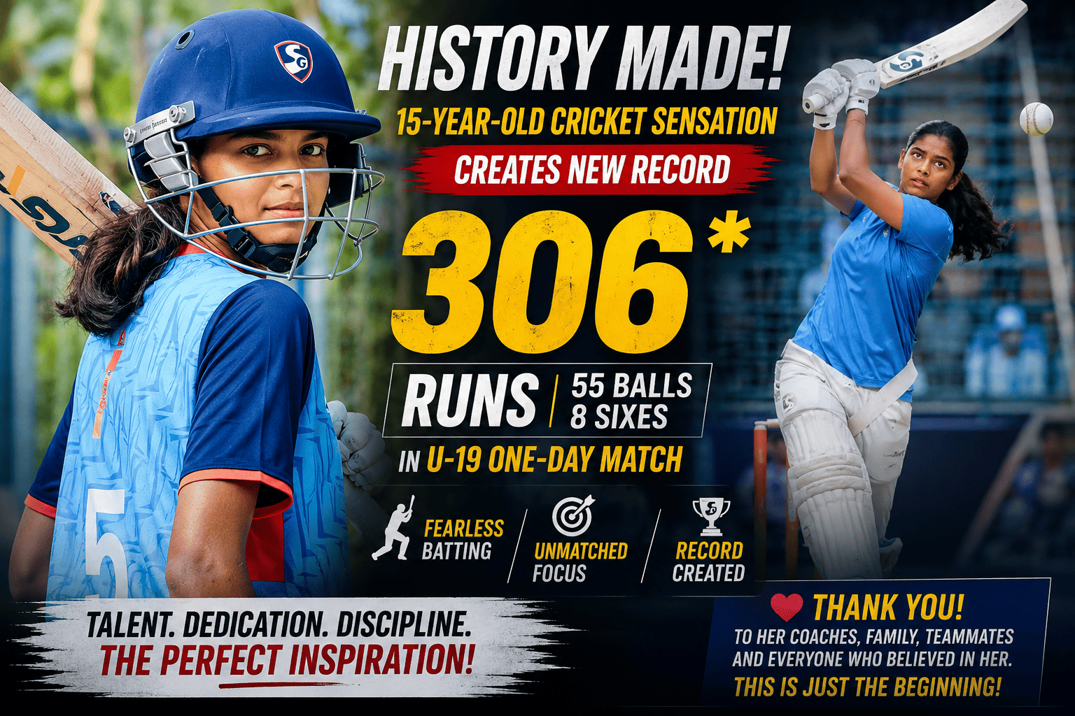 15-Year-Old Cricket Sensation Scores Historic 306 Runs in U-19 One-Day Match
