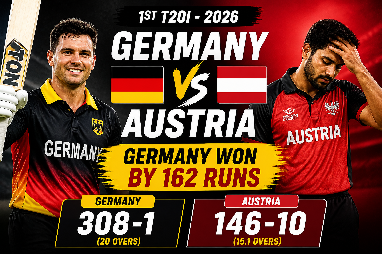 Germany vs Austria T20I 2026 Match Result Germany Dominates Austria by 162 Runs Full Scorecard Highlights