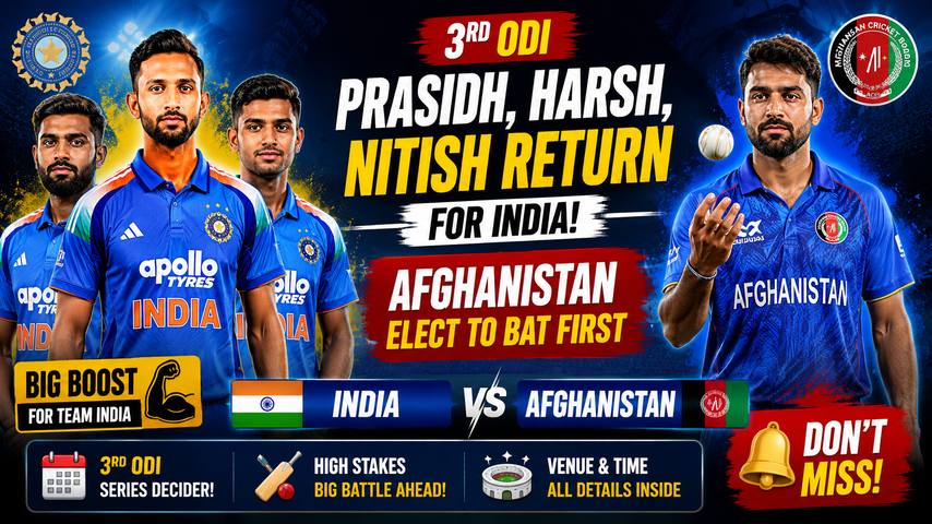 India vs Afghanistan 3rd ODI Prasidh Krishna Harsh Dubey and Nitish Kumar Reddy Return as Afghanistan Bat First