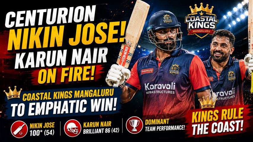 Nikin Jose Century Leads Coastal Kings Mangaluru to Dominant Win Over Gulbarga Mystics