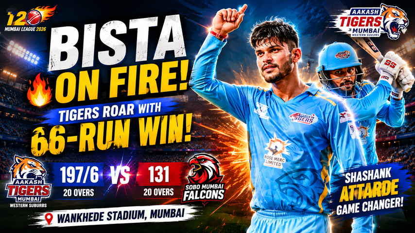 T20 Mumbai League 2026 Aakash Tigers Crush SOBO Falcons
