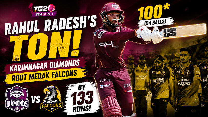 TG20 Season 1 Rahul Radesh Century Powers Karimnagar Diamonds to 133 Run Win