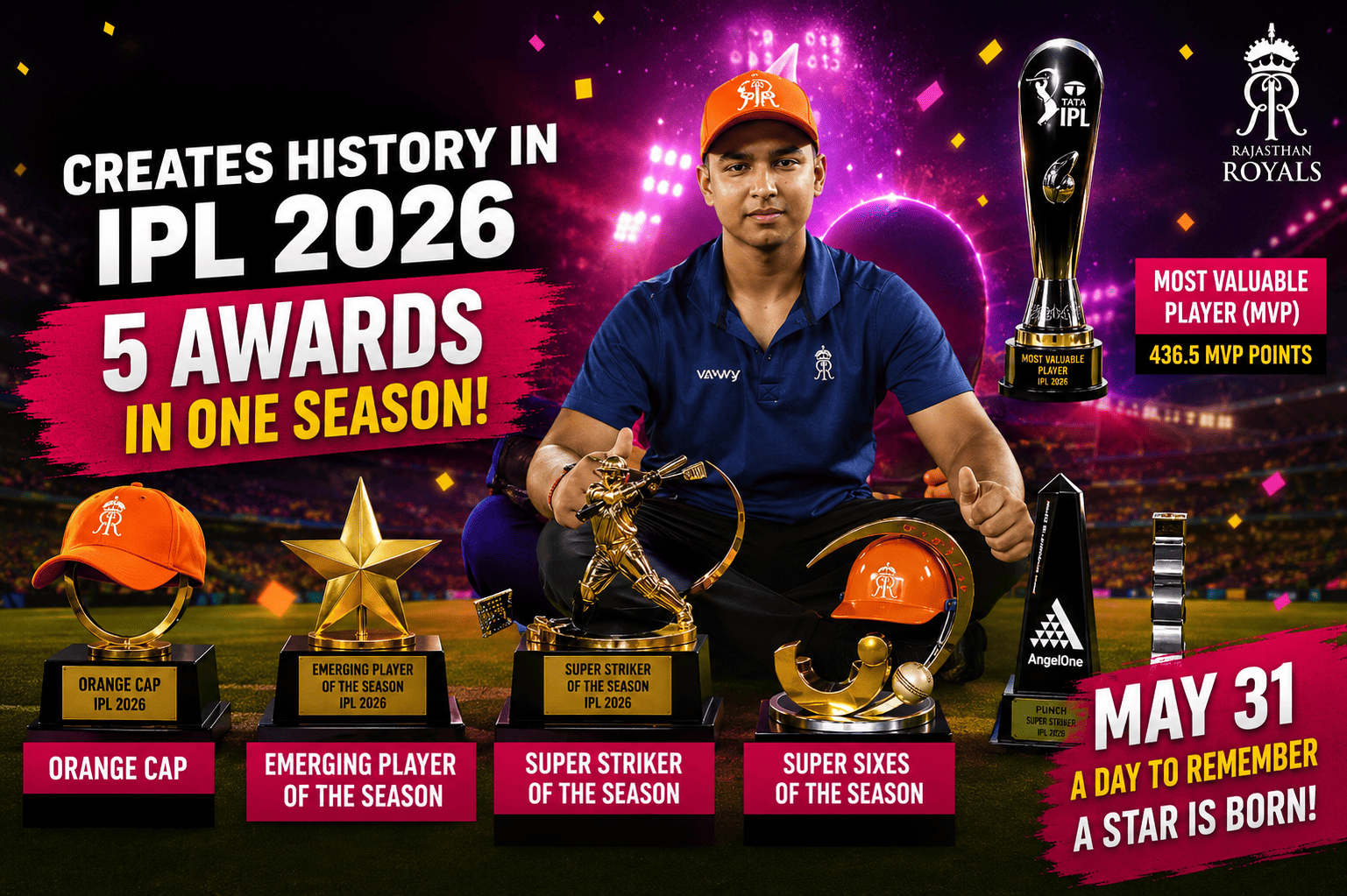 IPL 2026 History Created: 15-Year-Old Vaibhav Sooryavanshi Wins 5 Massive Awards After Record-Breaking Season